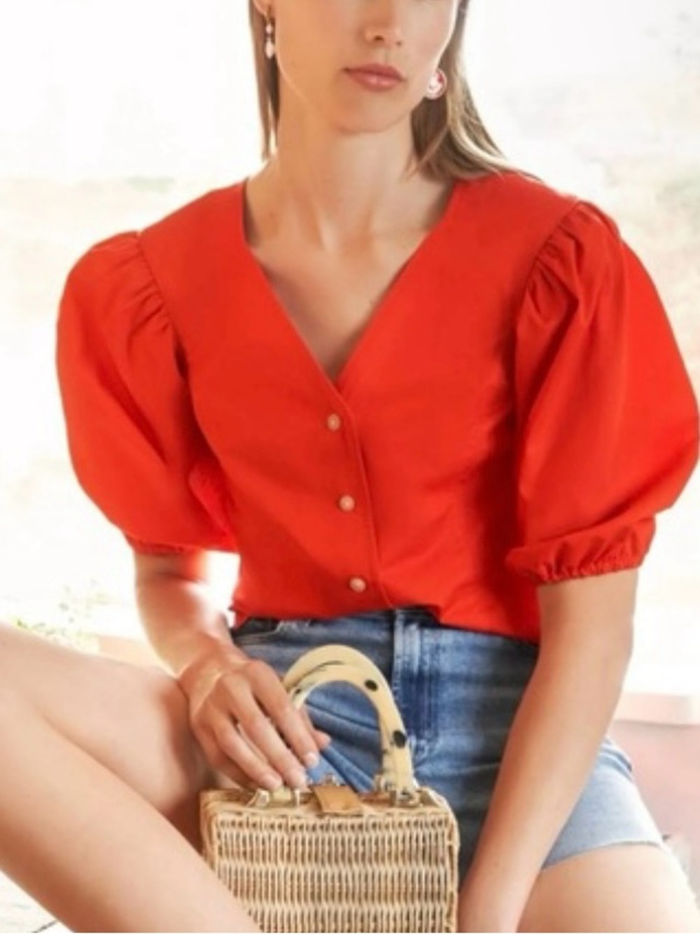 Tory Burch Red Cotton Poplin Puff Sleeve V-Neck Blouse Top Size 4